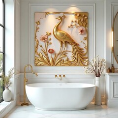 Glamorous golden peacock panel for decor bathroom high resolution image