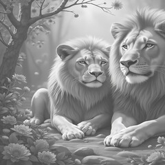 Forest flower lions relaxing in harmony theme high resolution image