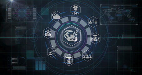 Obraz premium Global network and data processing image over digital interface with icons