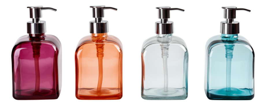 Colorful liquid soap dispensers, bathroom accessories in glass bottles add charm