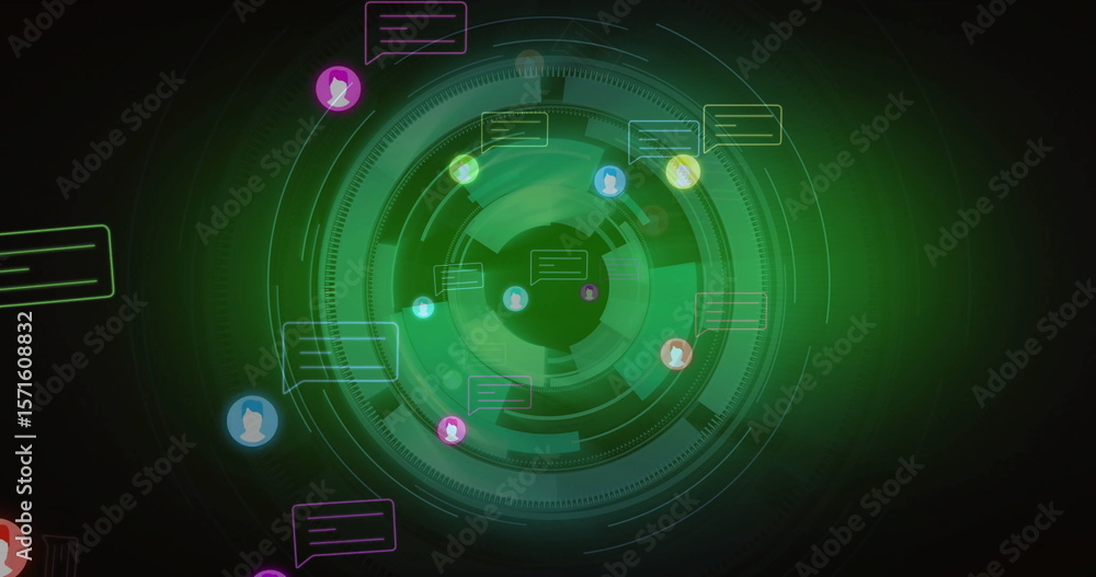 Aufkleber digital communication icons and chat bubbles image over green circular interface