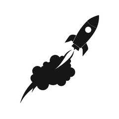 Black and white rocket ship icon launching upwards, dynamic, powerful, and fast, symbolizing growth, success, and innovation in a minimalist style.