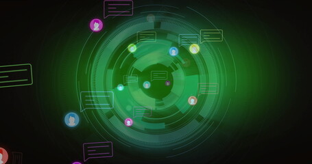 Digital communication icons and chat bubbles image over green circular interface