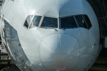 Close-up view of the cockpit and nose of a commercial airplane at the gate.