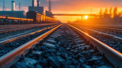 Fototapeta premium Industrial railway tracks at sunset