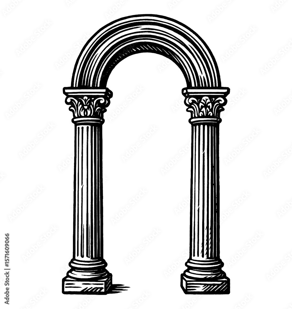 Poster engraved image of stone archway with columns in black and white detailed style