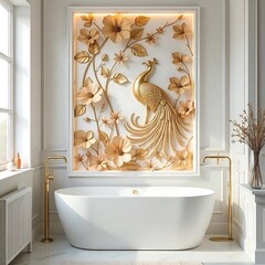 Modern white bathroom with ornate peacock frame high resolution image
