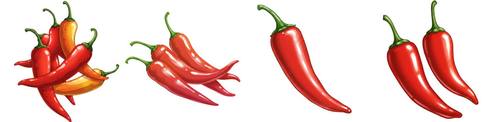 Set of isolated red and yellow chili peppers on white background  