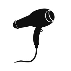 Sleek Black Silhouette Hair Dryer Icon, Minimalist Style, Modern Design, Beauty Salon Concept, Hair Care Product, Professional Tool, Simple Graphic, Vector Illustration, Isolated on White Background.