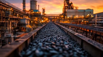 Industrial conveyor belt at sunset