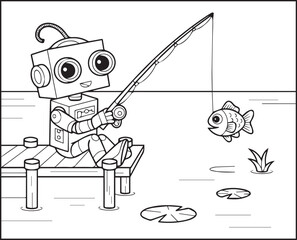Robot coloring page for kids, A cute robot fishing with hook black line art vector illustration for children coloring book design