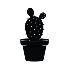 Simple Black Silhouette Prickly Pear Cactus in Pot, Minimalist Botanical Illustration, Modern Design, Clean Style.