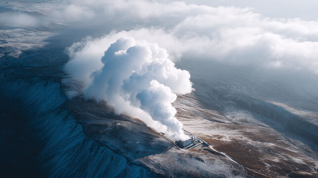 Fototapeta Stunning aerial view of a geothermal plant emitting steam in a stark, snowy landscape. Evokes themes of energy, environment, and industry. Perfect for concepts relating to sustainability.