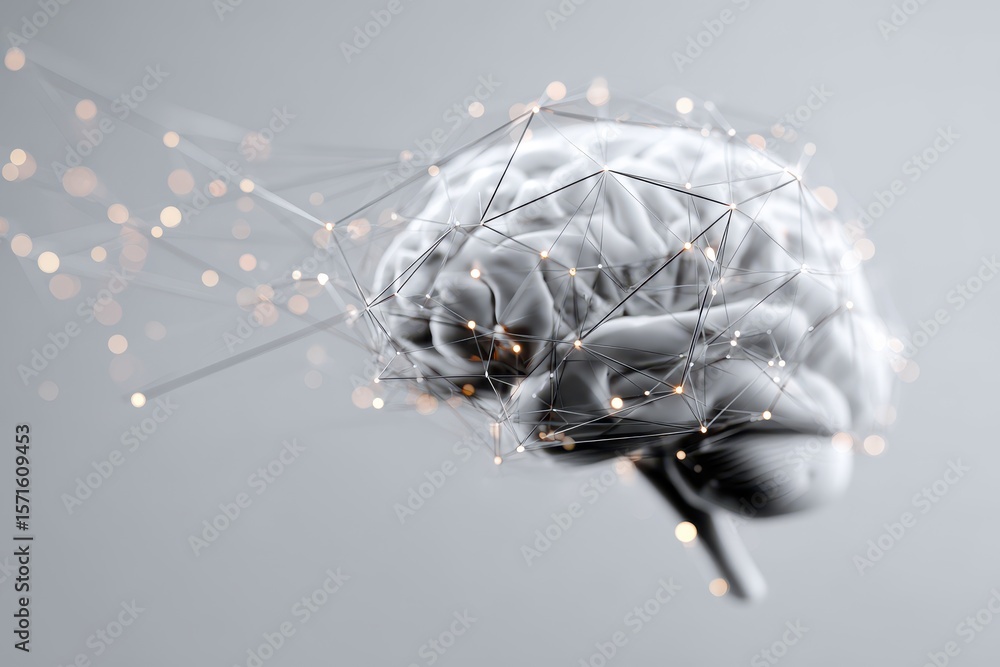 Poster neural network representation illustrating the brain concept with interconnected nodes and glowing e