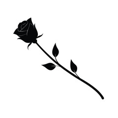 Elegant Black Silhouette Single Rose Stem with Leaves, Minimalist, Romantic, and Classic Design.