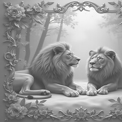 Twin majestic lions resting among blossoms scene high resolution image
