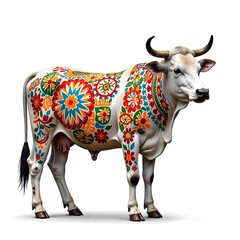 White cow covered in bright folk art flowers high resolution photo
