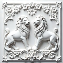 White embossed twin lions in vintage wall design high resolution picture