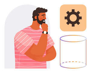 Man in striped shirt thinking thoughtfully beside a 3D cylinder and gear icon. Ideal for creativity, innovation, brainstorming, problem-solving, technology, engineering, analytical thinking. Simple