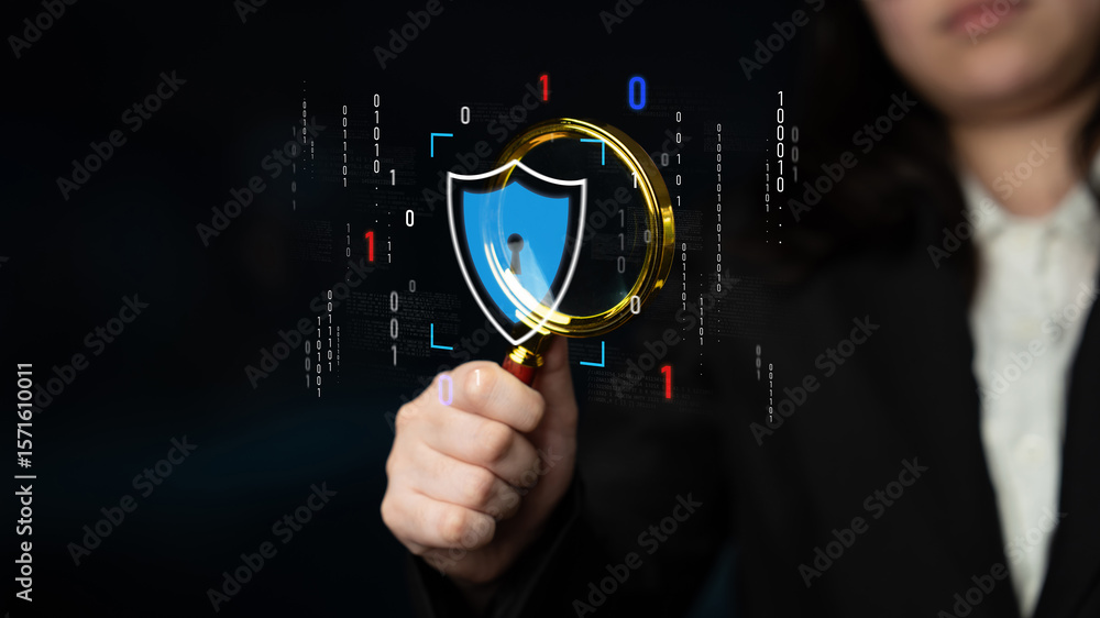 Poster cyber security protects against breaches, hacks, and network attacks using strong infrastructure and