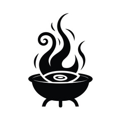 Stylized Black and White Illustration of a Cauldron with Mystical Flames, Evocative of Magic and the Occult, Perfect for Halloween or Fantasy Designs.