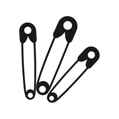Three safety pins, minimalist black and white vector illustration, simple graphic design, clean lines, modern style, safety, security concept, isolated on white background.