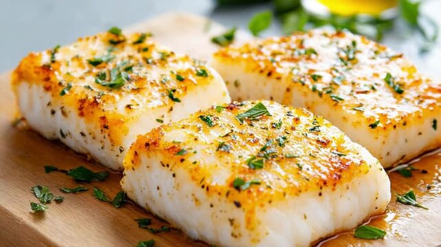 Delicious Pan-Seared Halibut: Three perfectly cooked halibut fillets, golden-brown and seasoned with herbs, rest on a rustic wooden board, an ode to culinary delight.