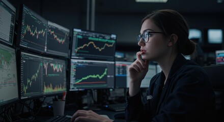 Young woman analyzes stock market data on multiple computer screens for investment strategy and financial growth