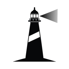 Monochromatic Lighthouse Icon,  Bold Black Silhouette, Guiding Light Beam, Hopeful and Protective Maritime Symbol, Isolated on White Background.