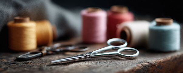 Detailed still life showcasing spools of thread  vintage scissors on wood. Evokes artistry, craft,  creative process. Ideal for blogs or visuals related to sewing.