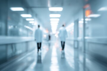 Healthcare professionals walking through a hospital corridor during a busy day with blurred background for emphasis on the environment