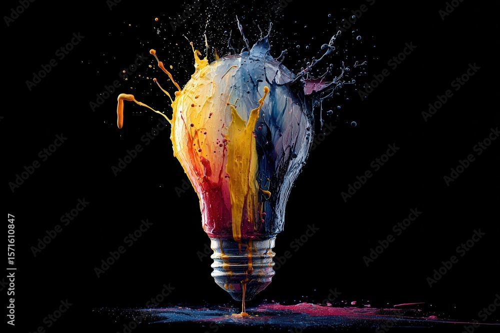 Poster creative light bulb bursts with vibrant colors in a dynamic explosion on a dark background showcasin