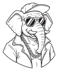 Naklejka premium Cool Elephant in Jacket, Cap, and Sunglasses, Black and White Illustration