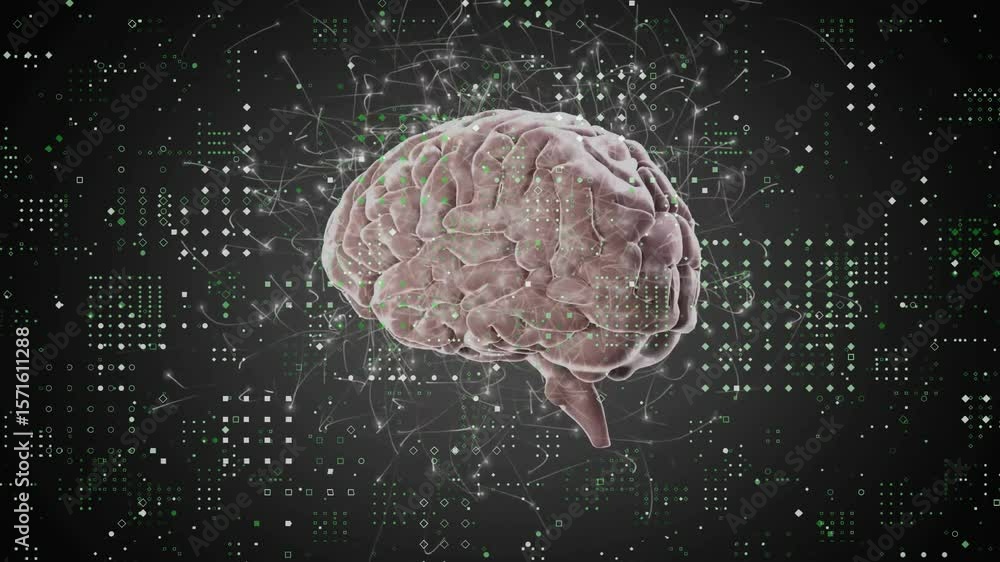 Poster starting frontal brain, 3d model rotating clockwise with pulsing nodes showing neural connectivity