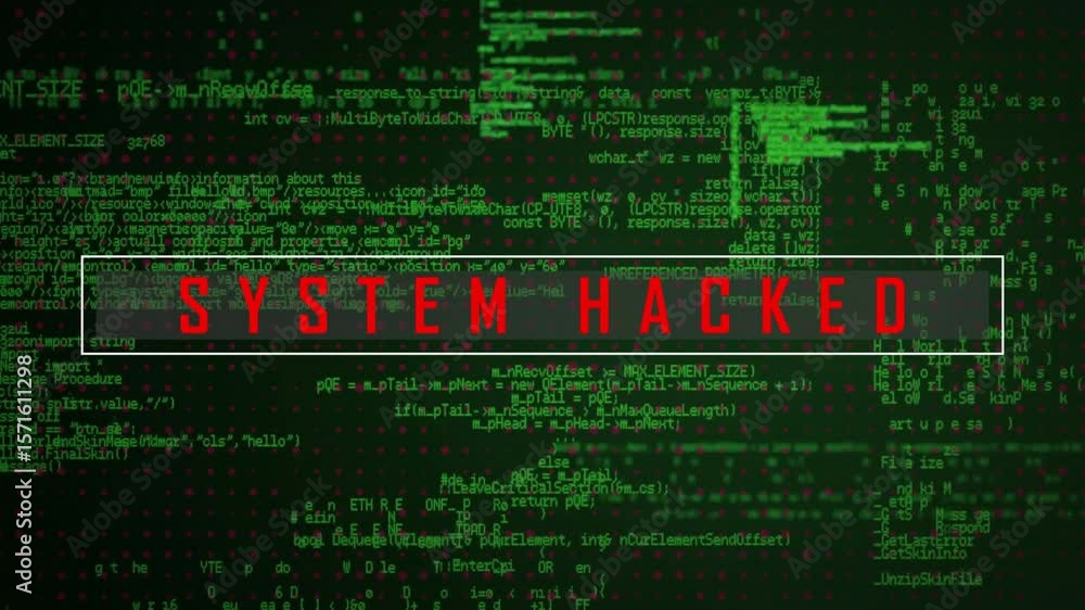Poster after green code streaming red letters flashing and aligning system hacked while outline sweeping