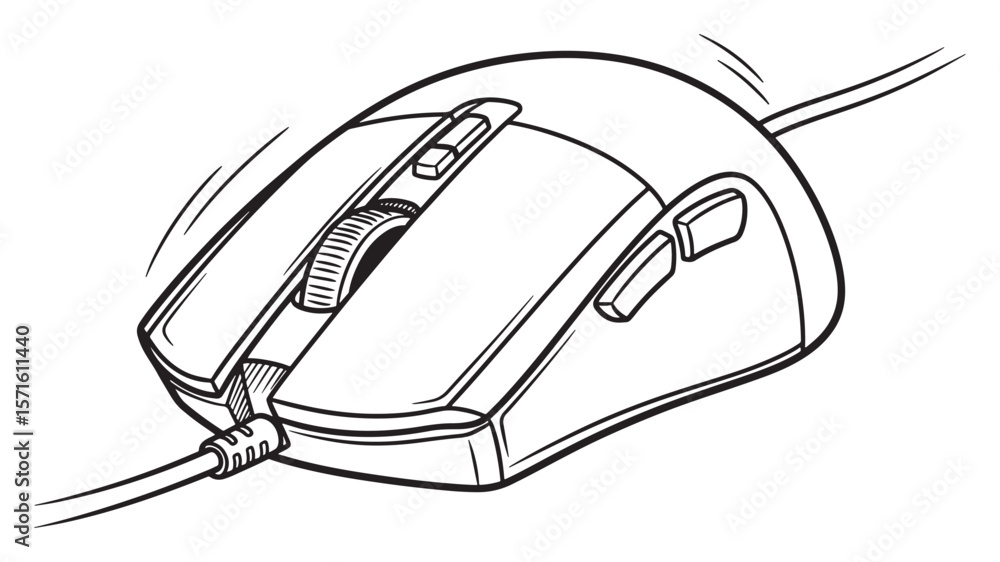 Poster line art illustration of a modern wired computer mouse with buttons and scroll wheel