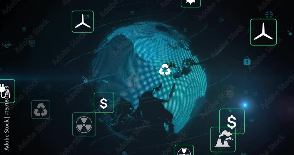 Poster digital globe rotating then revealing orbiting energy icons around it, showing energy network