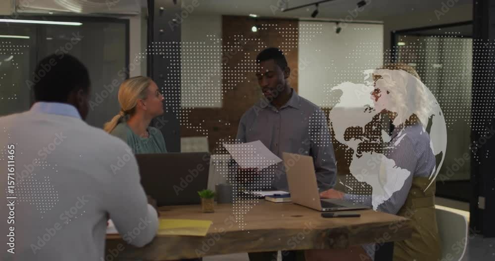 Poster colleagues opening meeting under globe while presenter flipping pages and reading data to discuss