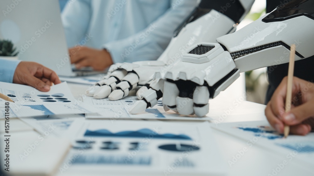 Aufkleber a striking image showcasing a robotic arm and human hands working together on data analysis in a sty