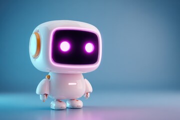 Cute robot with glowing neon eyes stands out against a soft blue background, showcasing an endearing design and playful charm in a futuristic setting
