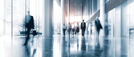 The blurred motion of business professionals in a modern urban office lobby.