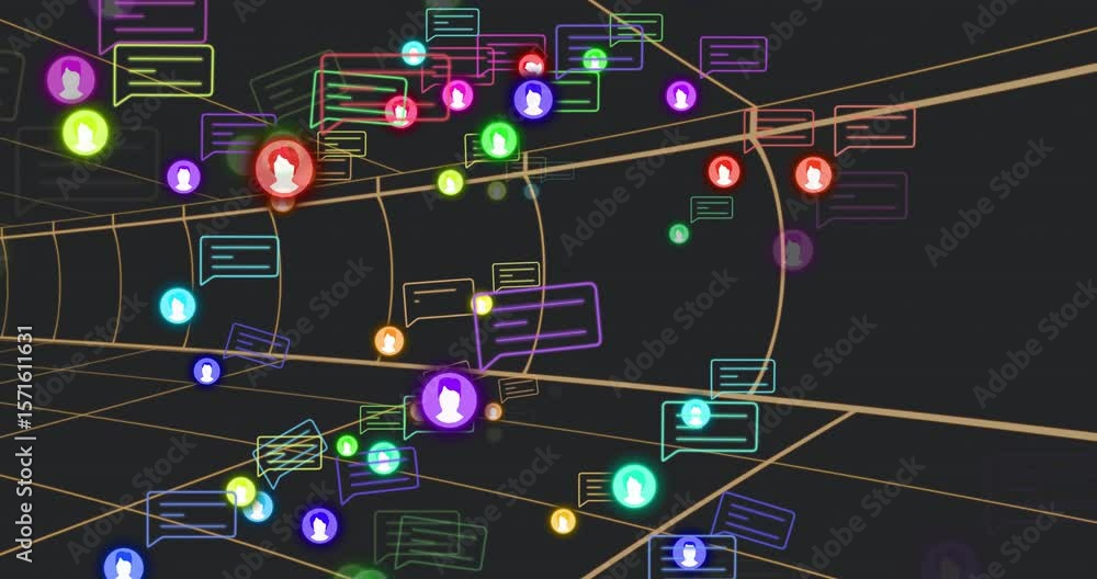 Poster initial drifting chat bubbles and avatars flowing through 3d wireframe tunnel, showing data stream