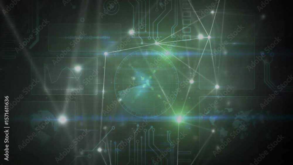 Poster receiving start signal, network fading in nodes and traces, rotating radar sweep, looping display
