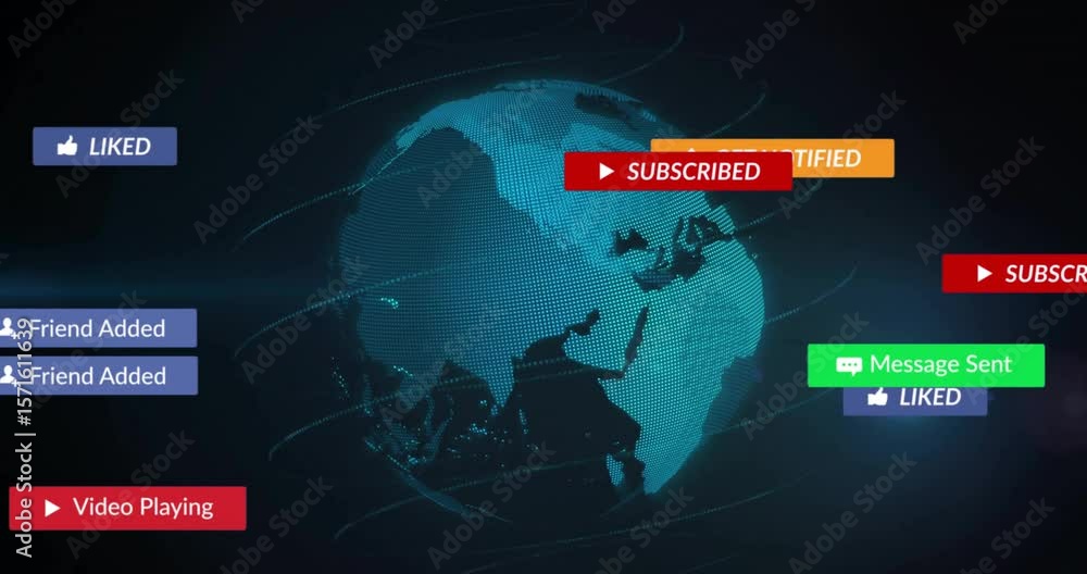 Poster globe emerging causing play and subscribe buttons sliding, badges growing showing subscriber growth