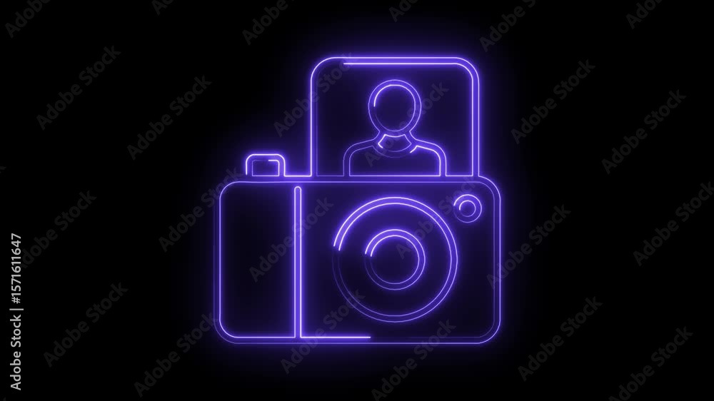 Aufkleber animated neon camera icon with profile symbol on a black background seamless loop