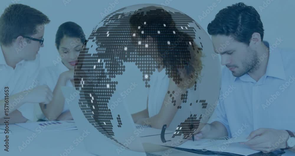 Poster three professionals analyzing business data as rotating globe overlay appearing then fading