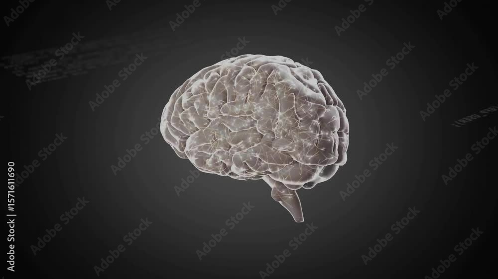 Poster on start, translucent 3d brain model emerging, rotating left for neural activity visualization