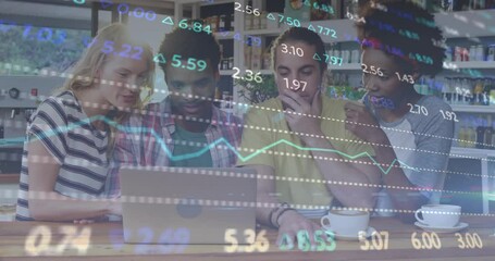 Blonde woman typing at coffee bar and leading team analyzing financial market charts - Powered by Adobe