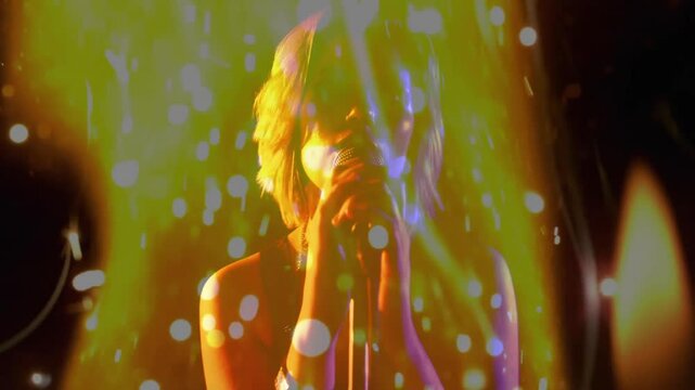 Teenage singer stepping into amber spotlight, grabbing mic while particles intensifying for music