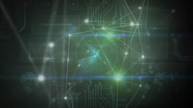 Receiving start signal, network fading in nodes and traces, rotating radar sweep, looping display